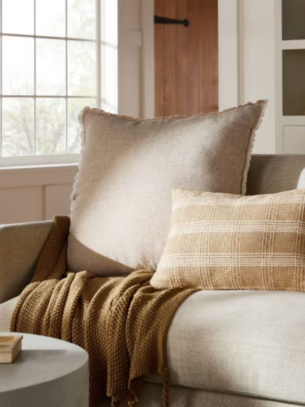 Reversible Linen Square Throw Pillow with Frayed Edges Ivory